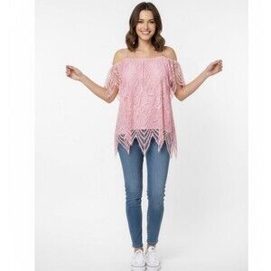 No Boundaries Women's off-the-shoulder lace asymmetrical pink blouse Sz XL 15-17